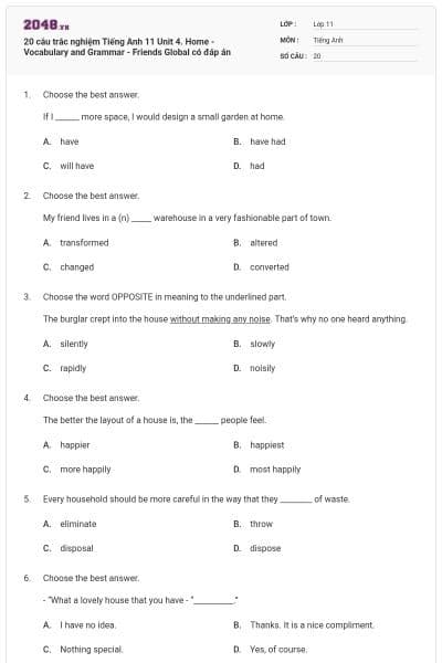 20 câu trắc nghiệm Tiếng Anh 11 Unit 4. Home - Vocabulary and Grammar - Friends Global có đáp án
