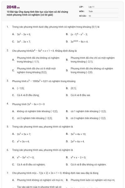 10 Bài tập Ứng dụng tính liên tục của hàm số để chứng minh phương trình có nghiệm (có lời giải)