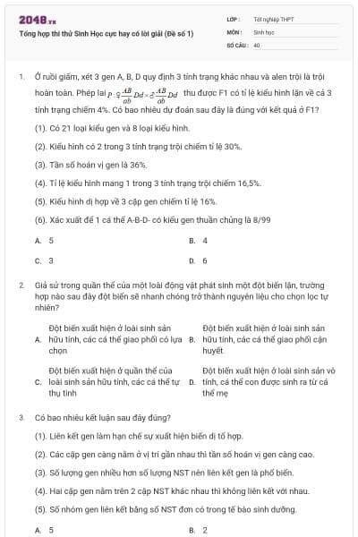 Tổng hợp thi thử Sinh Học cực hay có lời giải (Đề số 1)