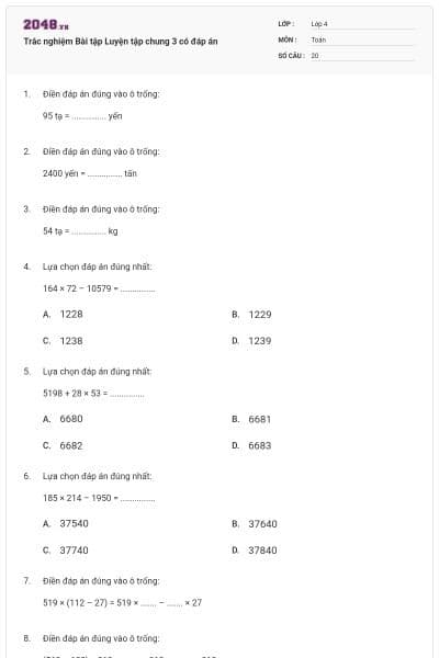 Trắc nghiệm Bài tập Luyện tập chung 3 có đáp án