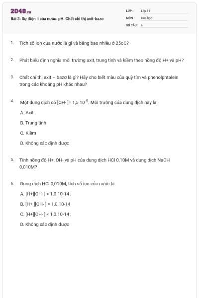 Bài 3: Sự điện li của nước. pH. Chất chỉ thị axit-bazơ