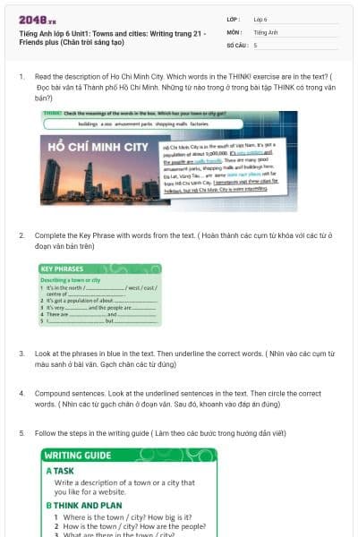 Tiếng Anh lớp 6 Unit1: Towns and cities: Writing trang 21 - Friends plus (Chân trời sáng tạo)