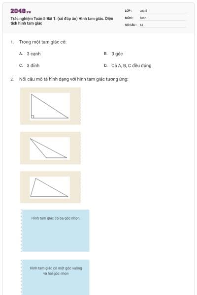 Trắc nghiệm Toán 5 Bài 1: (có đáp án) Hình tam giác. Diện tích hình tam giác