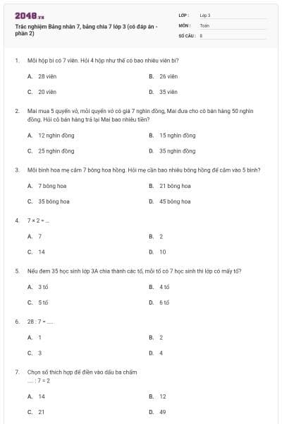 Trắc nghiệm Bảng nhân 7, bảng chia 7 lớp 3 (có đáp án - phần 2)