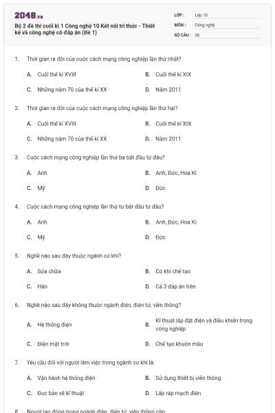 Bộ 2 đề thi cuối kì 1 Công nghệ 10 Kết nối tri thức - Thiết kế và công nghệ có đáp án (Đề 1)