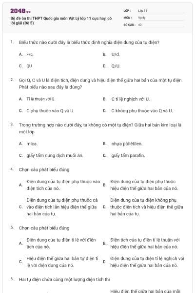 Bộ đề ôn thi THPT Quốc gia môn Vật Lý lớp 11 cực hay, có lời giải (Đề 5)