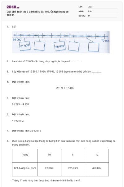 Giải SBT Toán lớp 3 Cánh diều Bài 106. Ôn tập chung có đáp án