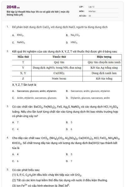 Bài tập Lý thuyết Hóa học Vô cơ có giải chi tiết ( mức độ thông hiểu p4)