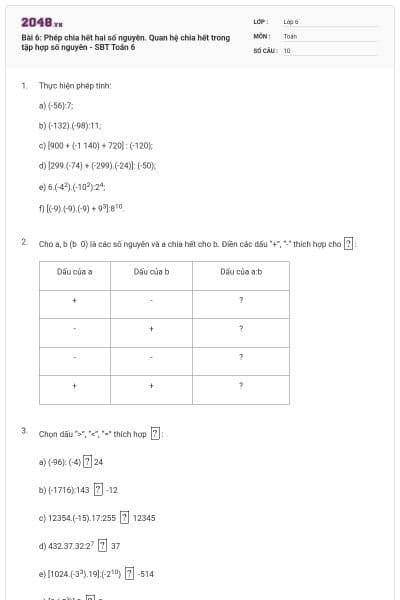 Bài 6: Phép chia hết hai số nguyên. Quan hệ chia hết trong tập hợp số nguyên - SBT Toán 6