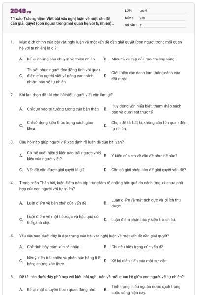 11 câu Trắc nghiệm Viết bài văn nghị luận về một vấn đề cần giải quyết (con người trong mối quan hệ với tự nhiên) (có đáp án)