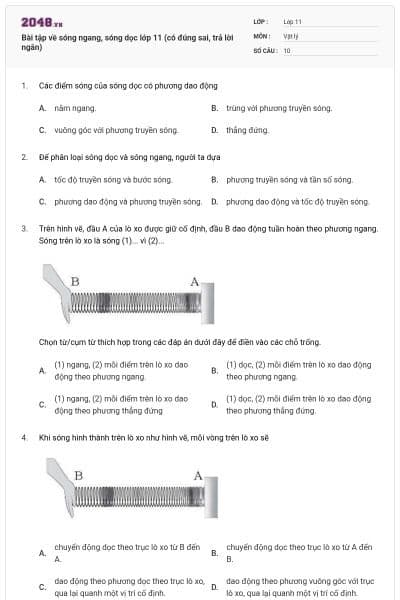 Bài tập về sóng ngang, sóng dọc lớp 11 (có đúng sai, trả lời ngắn)