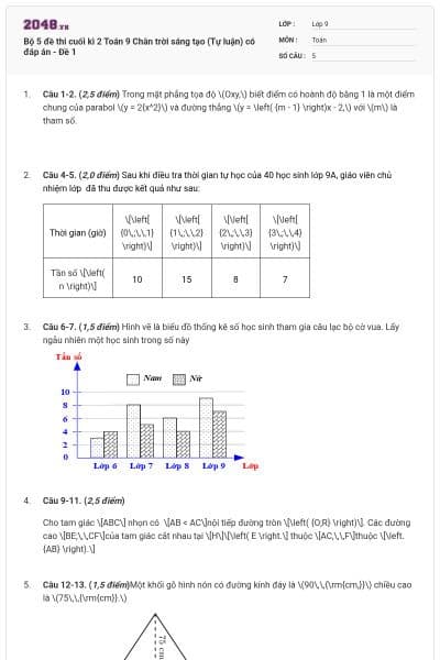 Bộ 5 đề thi cuối kì 2 Toán 9 Chân trời sáng tạo (Tự luận) có đáp án - Đề 1