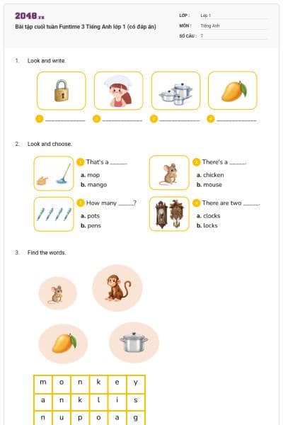 Bài tập cuối tuần Funtime 3 Tiếng Anh lớp 1 (có đáp án)