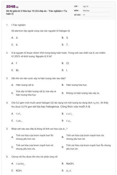Đề thi giữa kì 2 Hóa học 10 (Có đáp án - Trắc nghiệm + Tự luận 2)