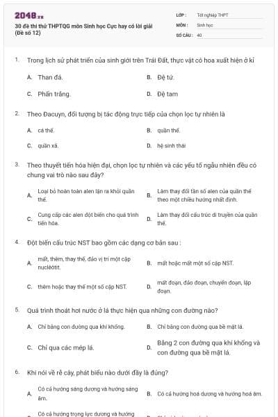 30 đề thi thử THPTQG môn Sinh học Cực hay có lời giải (Đề số 12)