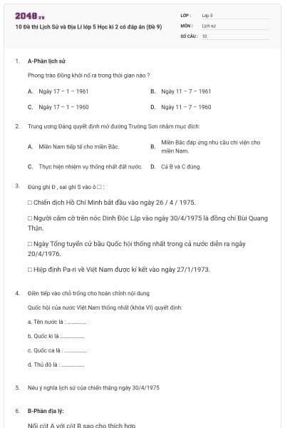 10 Đề thi Lịch Sử và Địa Lí lớp 5 Học kì 2 có đáp án (Đề 9)