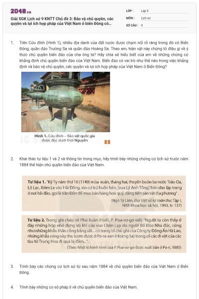 Giải SGK Lịch sử 9 KNTT Chủ đề 3: Bảo vệ chủ quyền, các quyền và lợi ích hợp pháp của Việt Nam ở biển Đông có đáp án