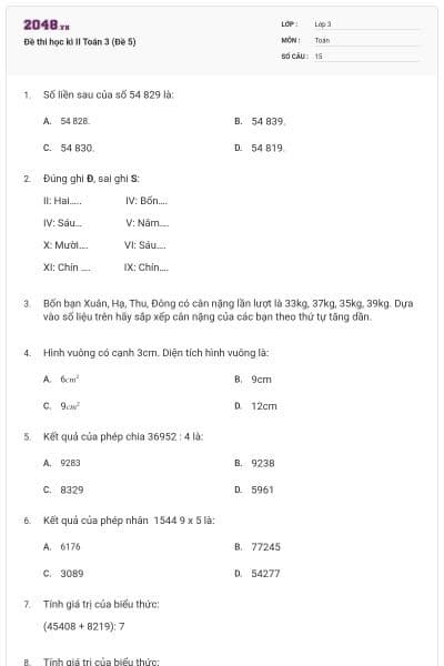 Đề thi học kì II Toán 3 (Đề 5)