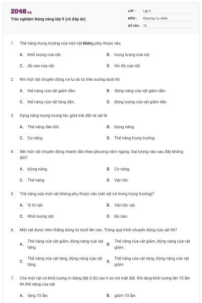 Trắc nghiệm Động năng lớp 9 (có đáp án)
