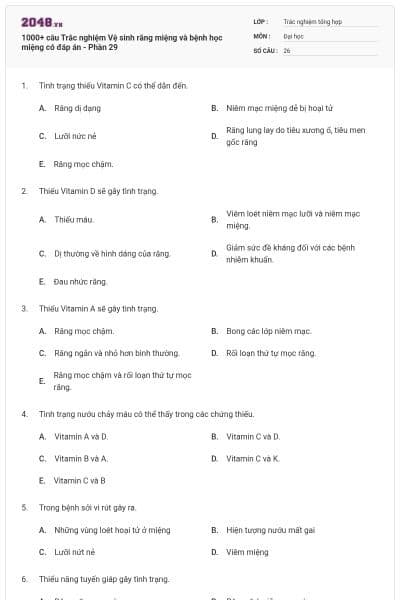 1000+ câu Trắc nghiệm Vệ sinh răng miệng và bệnh học miệng có đáp án - Phần 29