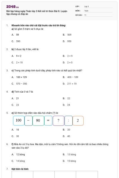 Bài tập hàng ngày Toán lớp 3 Kết nối tri thức Bài 8. Luyện tập chung có đáp án