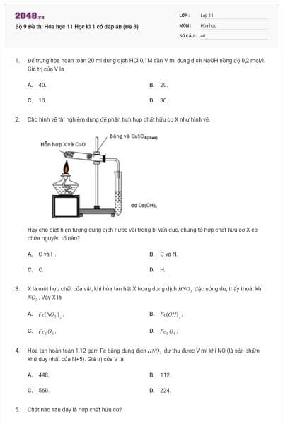 Bộ 9 Đề thi Hóa học 11 Học kì 1 có đáp án (Đề 3)
