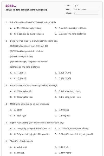 Bài 22: Đa dạng động vật không xương sống