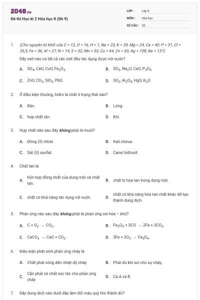 Đề thi Học kì 2 Hóa học 8 (Đề 9)