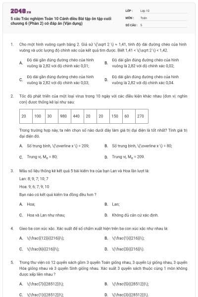 5 câu Trắc nghiệm Toán 10 Cánh diều Bài tập ôn tập cuối chương 6 (Phần 2) có đáp án (Vận dụng)