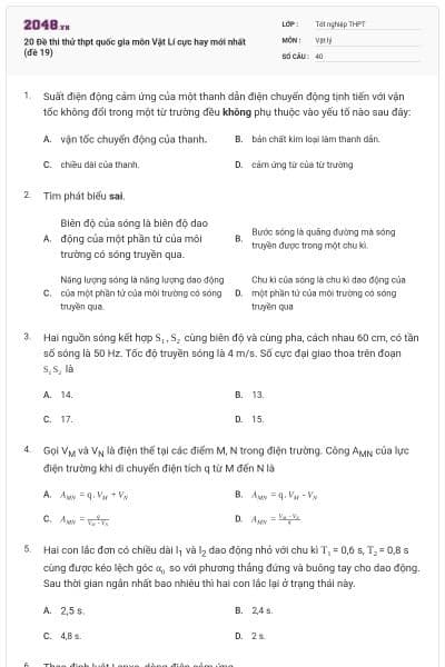20 Đề thi thử thpt quốc gia môn Vật Lí cực hay mới nhất (đề 19)