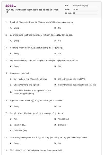 800+ câu Trắc nghiệm Huyết học tế bào có đáp án - Phần 13