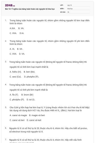 Bài 10: Ý nghĩa của bảng tuần hoàn các nguyên tố hóa học