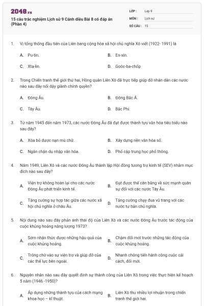 15 câu trắc nghiệm Lịch sử 9 Cánh diều Bài 8 có đáp án (Phần 4)