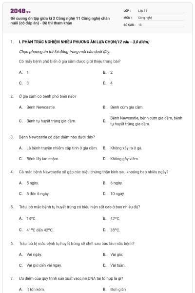Đề cương ôn tập giữa kì 2 Công nghệ 11 Công nghệ chăn nuôi (có đáp án) - Đề thi tham khảo