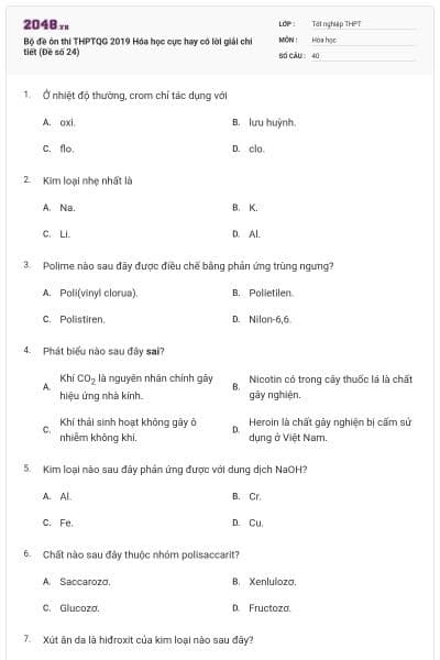 Bộ đề ôn thi THPTQG 2019 Hóa học cực hay có lời giải chi tiết (Đề số 24)