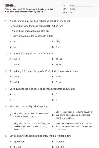 Trắc nghiệm Hóa 9 Bài 31 (có đáp án) Sơ lược về bảng tuần hoàn các nguyên tố hóa học (Phần 2)