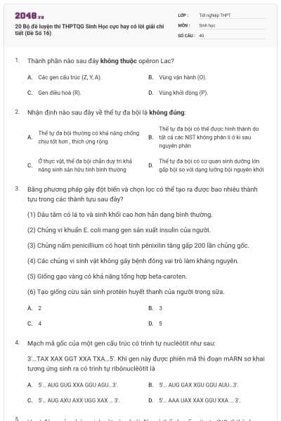 20 Bộ đề luyện thi THPTQG Sinh Học cực hay có lời giải chi tiết (Đề Số 16)