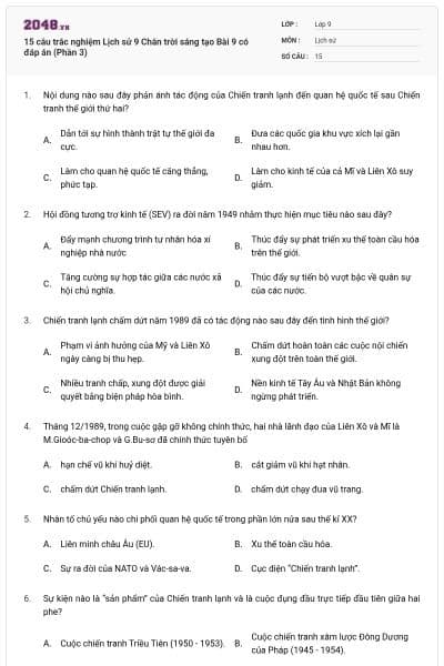 15 câu trắc nghiệm Lịch sử 9 Chân trời sáng tạo Bài 9 có đáp án (Phần 3)