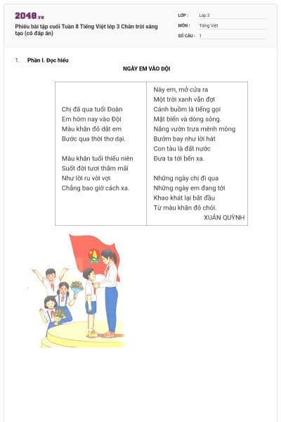 Phiếu bài tập cuối Tuần 8 Tiếng Việt lớp 3 Chân trời sáng tạo (có đáp án)