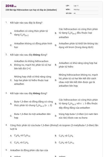 230 Bài tập Hidrocacbon cực hay có đáp án (Ankadien)