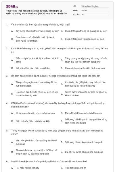 1000+ câu Trắc nghiệm Tổ chức sự kiện, công nghệ và quản trị phòng khám nha khoa (PPD4) có đáp án - Phần 20