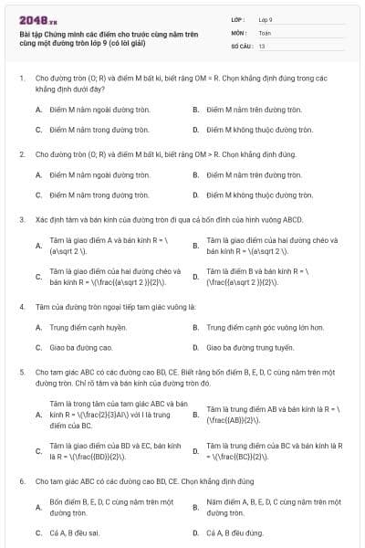 Bài tập Chứng minh các điểm cho trước cùng nằm trên cùng một đường tròn lớp 9 (có lời giải)