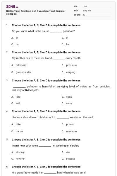Bài tập Tiếng Anh 8 mới Unit 7 Vocabulary and Grammar có đáp án