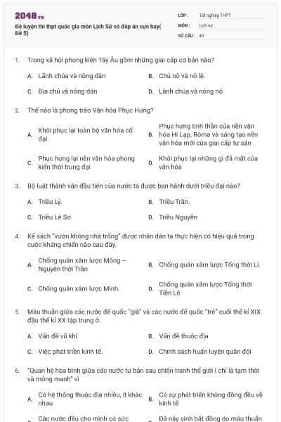 Đề luyện thi thpt quốc gia môn Lịch Sử có đáp án cực hay( Đề 5)