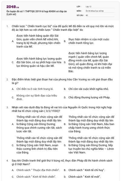 Ôn luyện đề số 1 THPTQG 2019 tổ hợp KHXH có đáp án (Lịch sử)