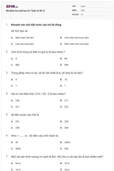 Đề kiểm tra cuối học kì I Toán 3( đề 7)