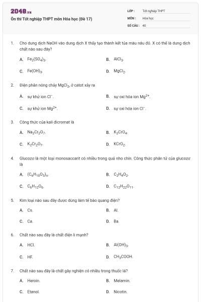 Ôn thi Tốt nghiệp THPT môn Hóa học (Đề 17)