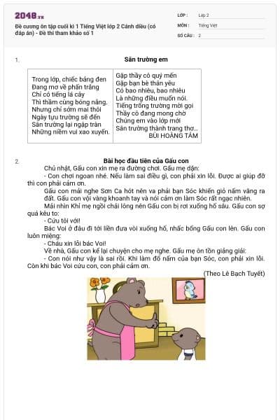 Đề cương ôn tập cuối kì 1 Tiếng Việt lớp 2 Cánh diều (có đáp án) - Đề thi tham khảo số 1