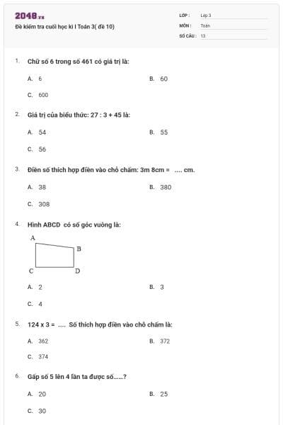 Đề kiểm tra cuối học kì I Toán 3( đề 10)