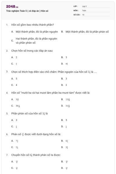 Trắc nghiệm Toán 5 ( có đáp án ) Hỗn số